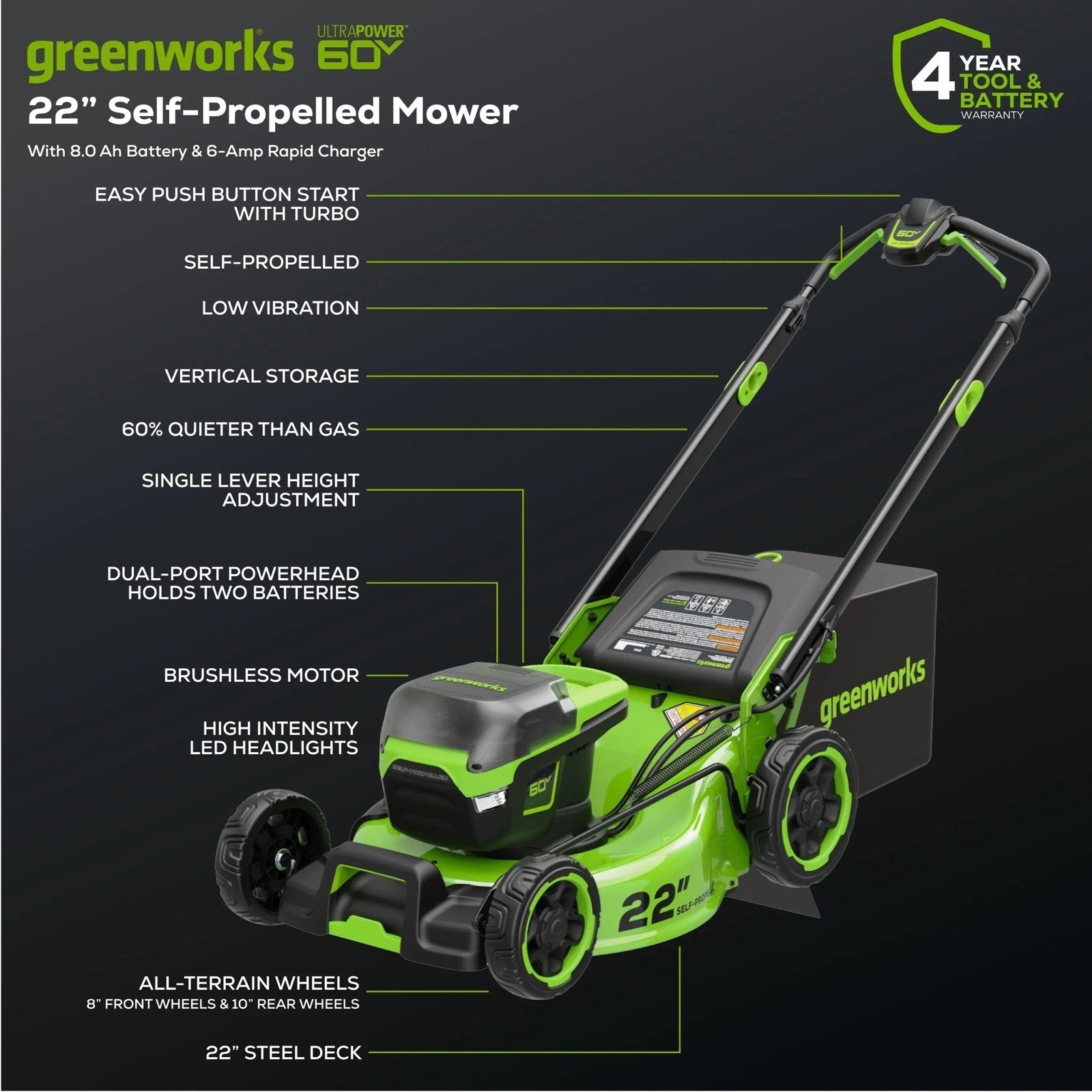 Greenworks Pro 60V 22-Inch Cordless Self-Propelled Lawn Mower