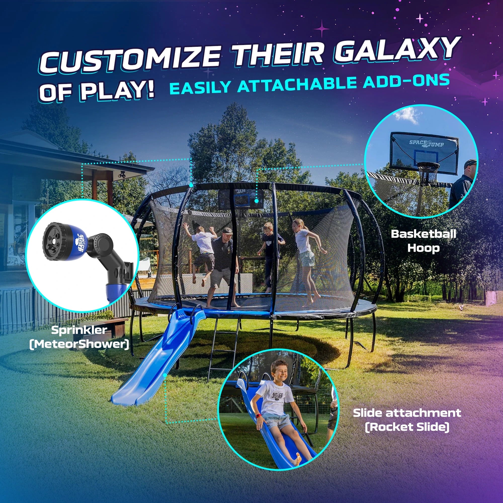 SpaceJump Lunar 16 Foot Trampoline, Outdoor Round Bouncer with Safety Net, Black