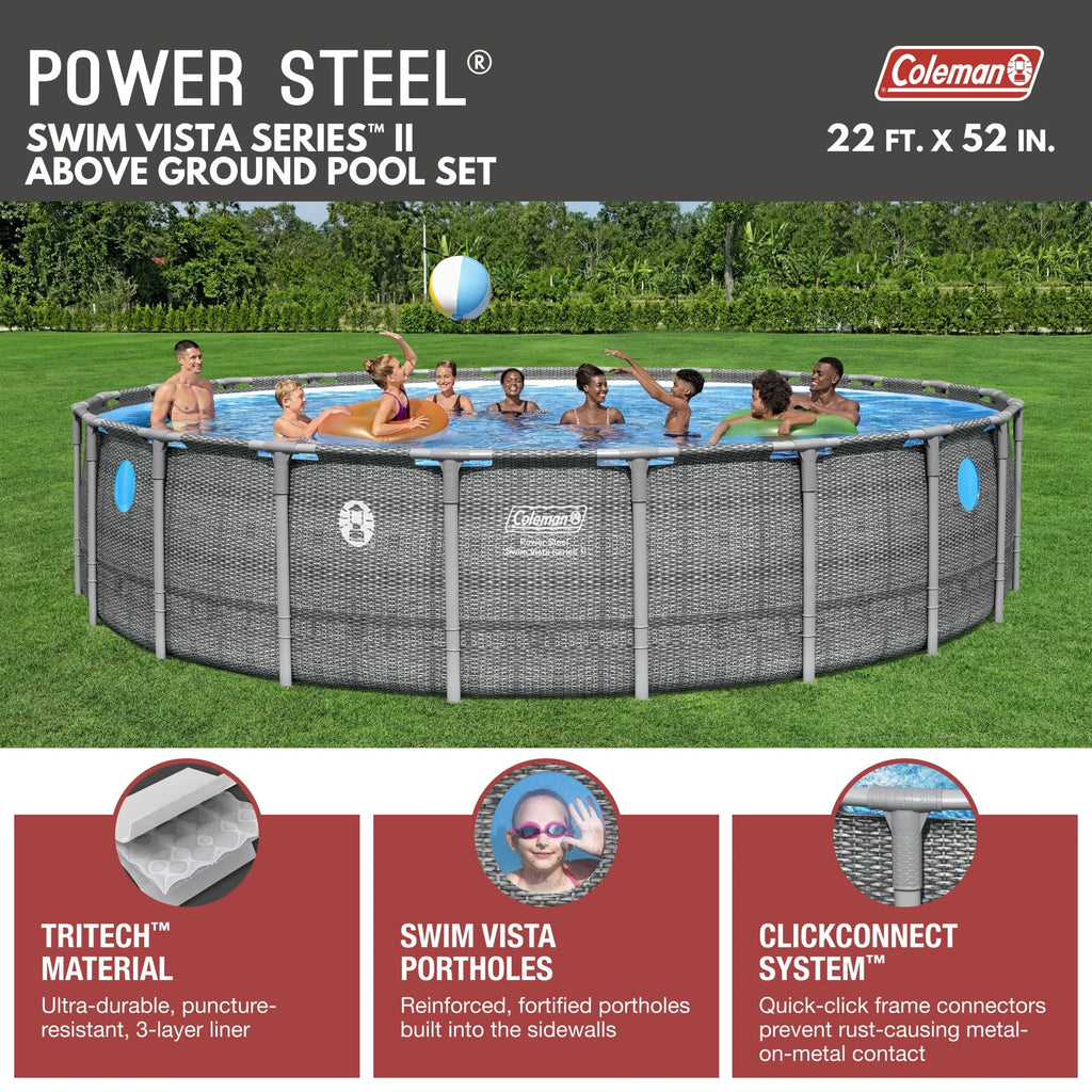 Coleman Power Steel 22’x52” Metal Frame Above Ground Pool w/ Pump, Ladder, & Cover, Gray