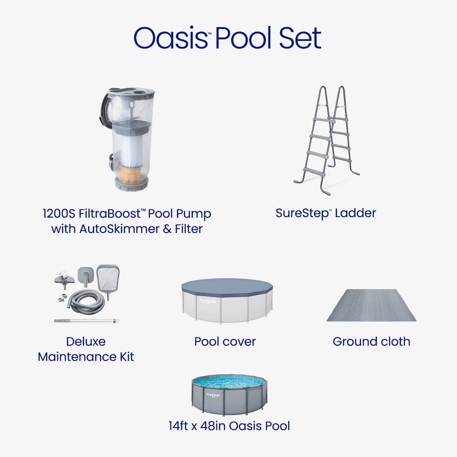 Funsicle Oasis Above Ground Metal Frame Swimming Pool Set – with FB1200S AutoSkimmer Pump, Ladder, Cover, Cloth & Deluxe Maint. Kit, 14′ x 48″, Round, Gray
