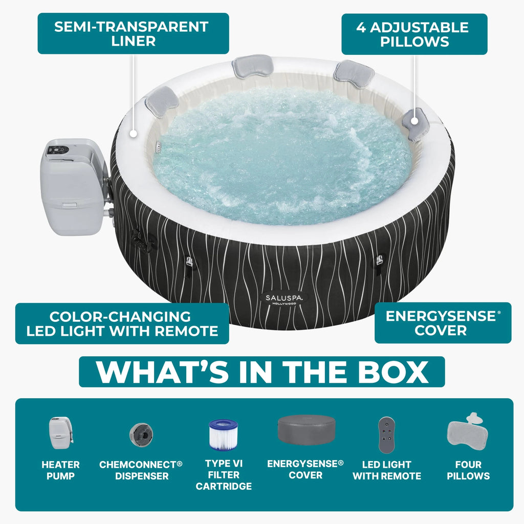 Bestway SaluSpa Hollywood Luxe 4-6 Person Inflatable Hot Tub, Round Energy-Efficient Spa, 77″ x 26″