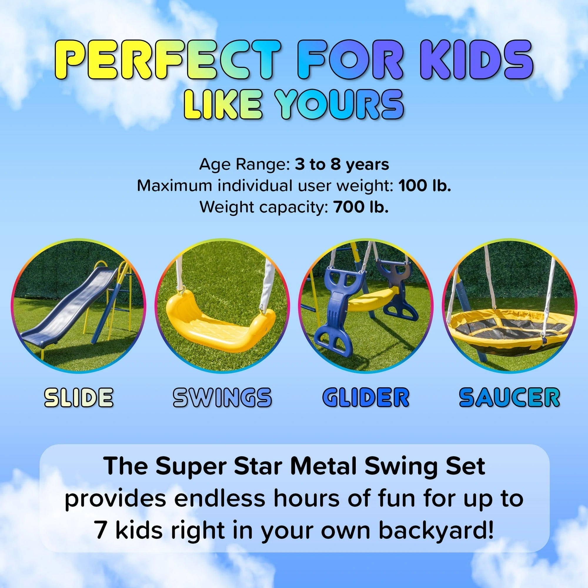 Sportspower Super Star 5-in-1 Metal Swing Set: 2 Swings, Flying Saucer, 2-Person Roman Glider, 6.5ft Slide; Great for Kids 3-8; Bonus Anchor Kit