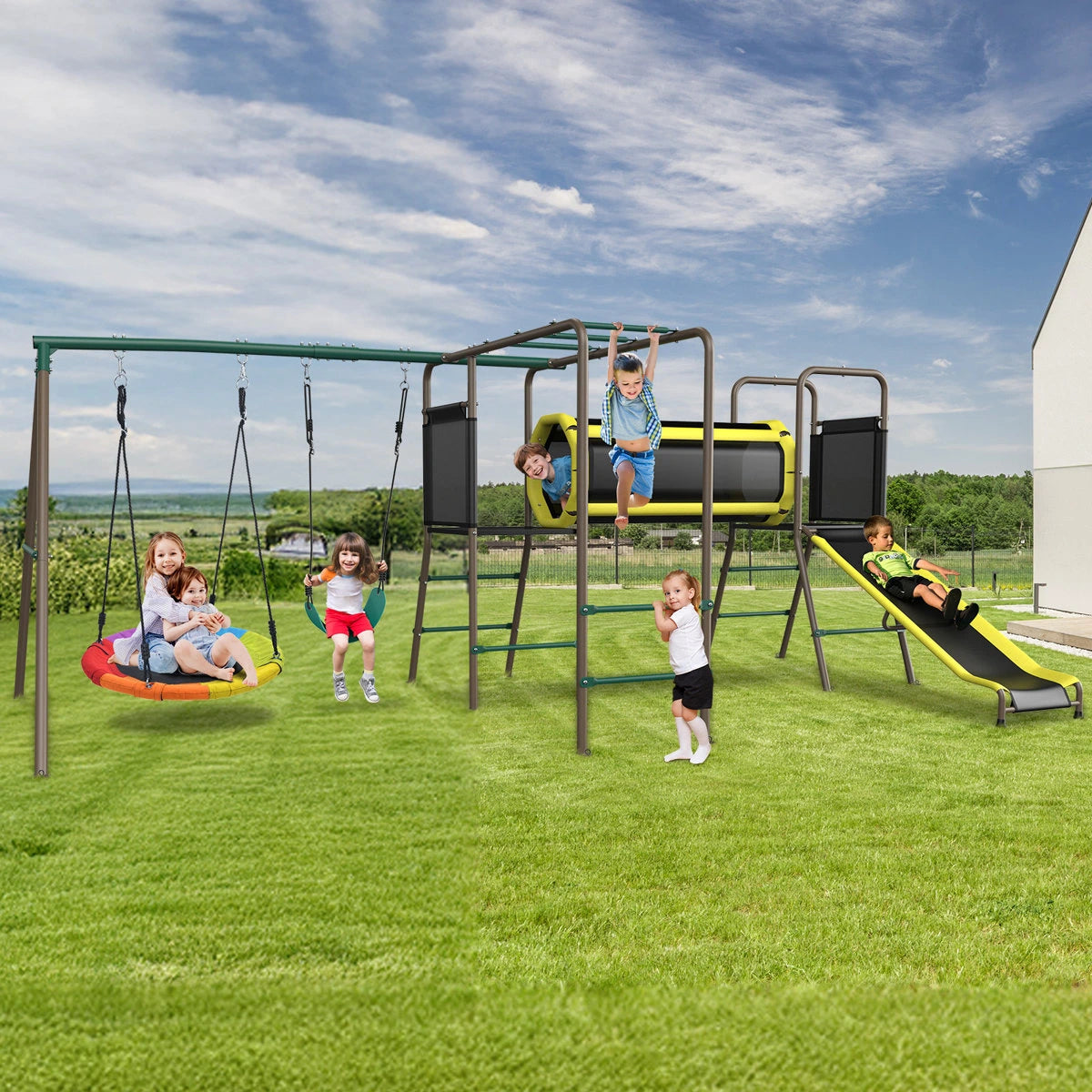 Klo Kick 6-in-1 Swing Set with Slide,Crawl Tunnel and Monkey Bars for Backyard, Playground for Kids Aged 3-12