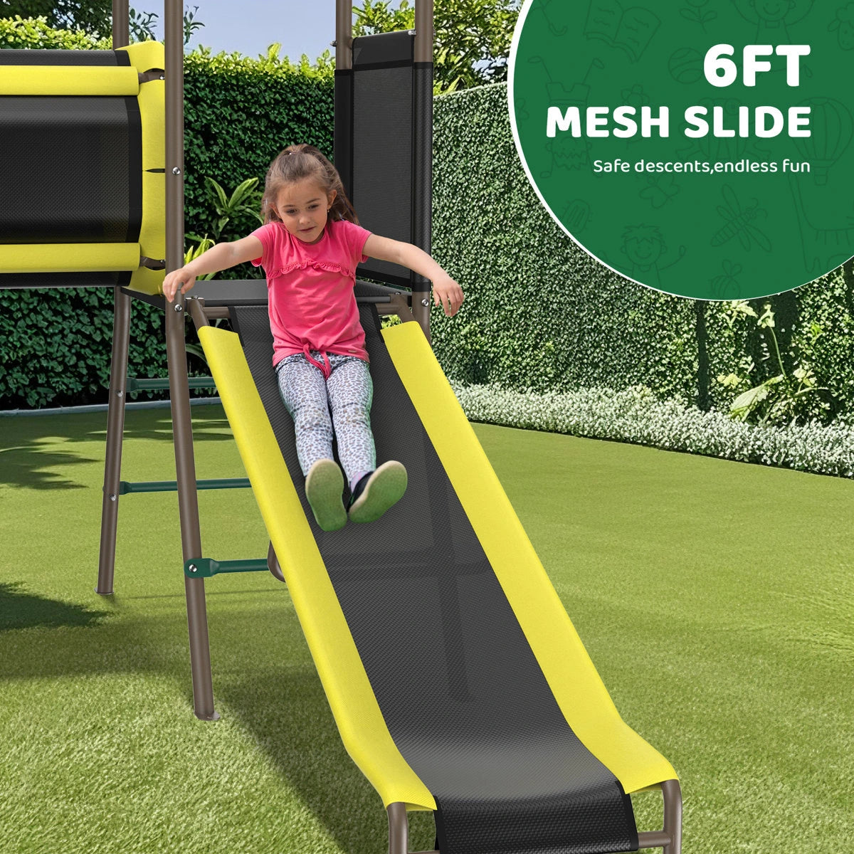 Klo Kick 6-in-1 Swing Set with Slide,Crawl Tunnel and Monkey Bars for Backyard, Playground for Kids Aged 3-12