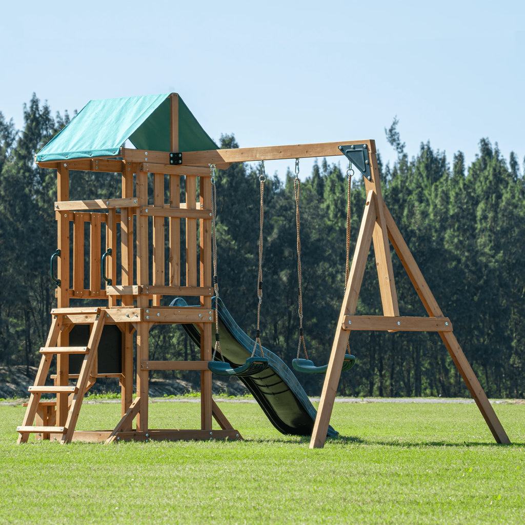 DOLPHIN PLAYGROUND Wooden Outdoor Playset with Dual Swings, Slide, and Playhouse – Rounded Edges