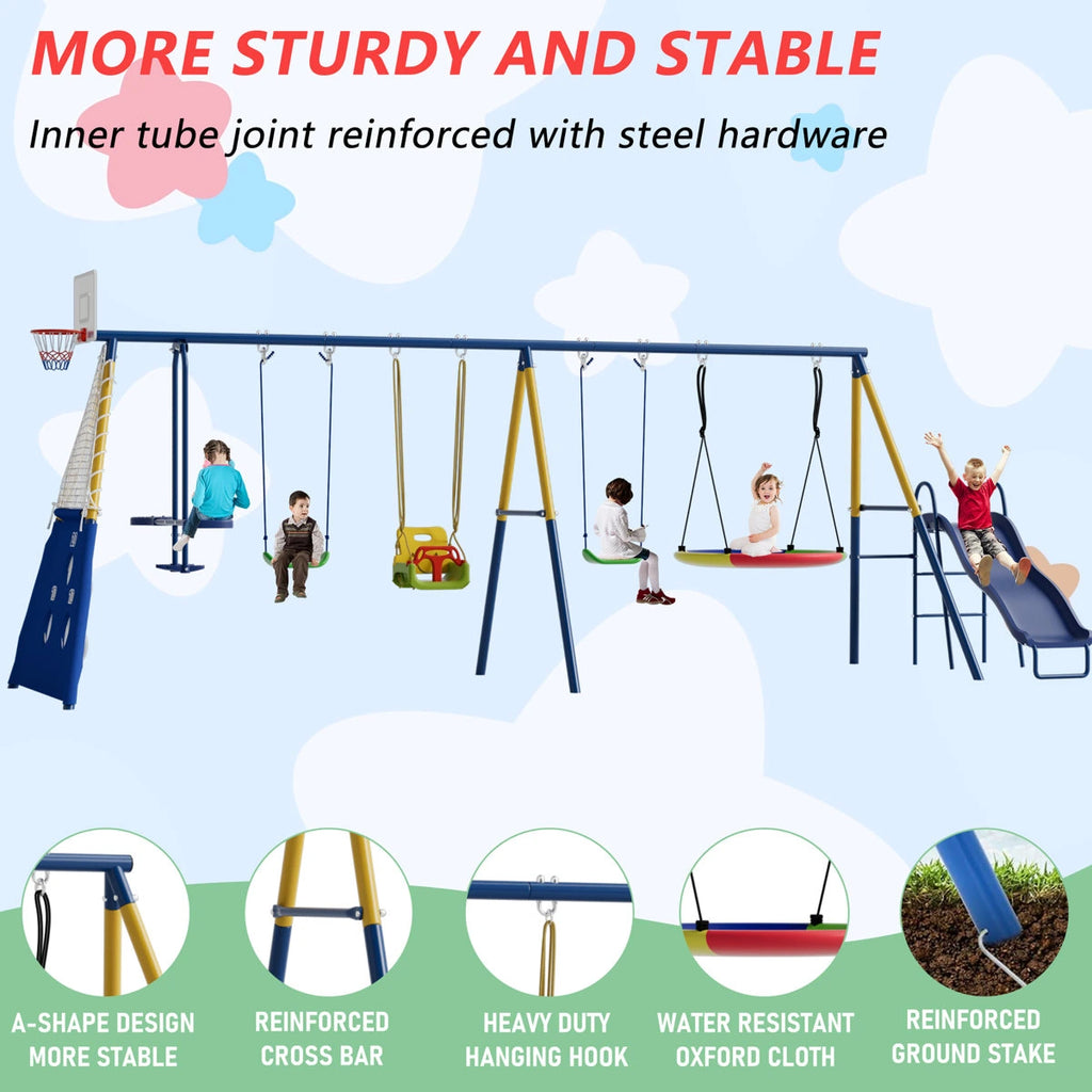 SUMIJ 8 in1 Swing Sets for Backyard with Kids Slide Outdoor Heavy-Duty Metal Playset for Kids 550lbs Swing Set with Slide, Saucer Seat, 2 Belt Seat, Soccer Goals, Glider,Baby Swing Set and Baketball Hoop
