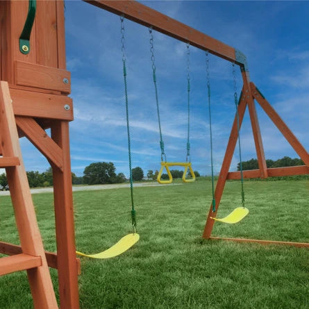 Backyard Discovery Atlantis Cedar Wood Swing Set with Wave Slide, Clubhouse, Rock Wall, and Sandbox Area
