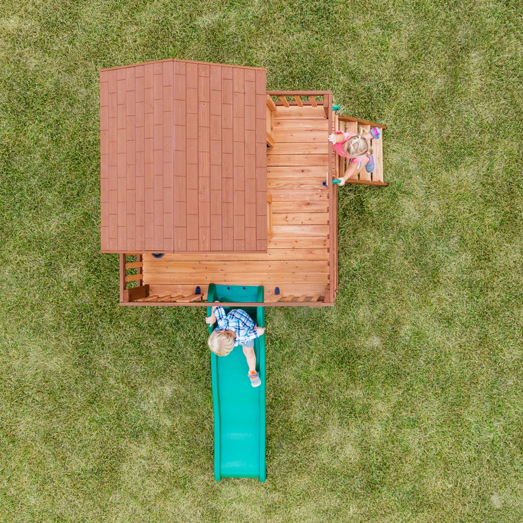 Backyard Discovery Echo Heights Cedar Wooden Elevated Kids Playhouse with Wave Slide, Play Kitchen, and Deck