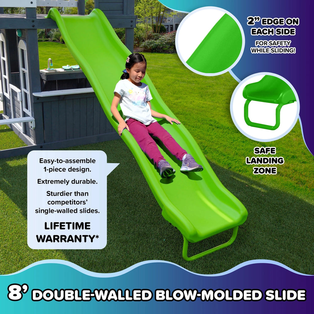 Sportspower Blakely 2-Story Playhouse with 8FT Slide, Working Door, Benches for Rest & Pretend Play Features, for Kids Ages 3-10, Wooden Elevated Playhouse