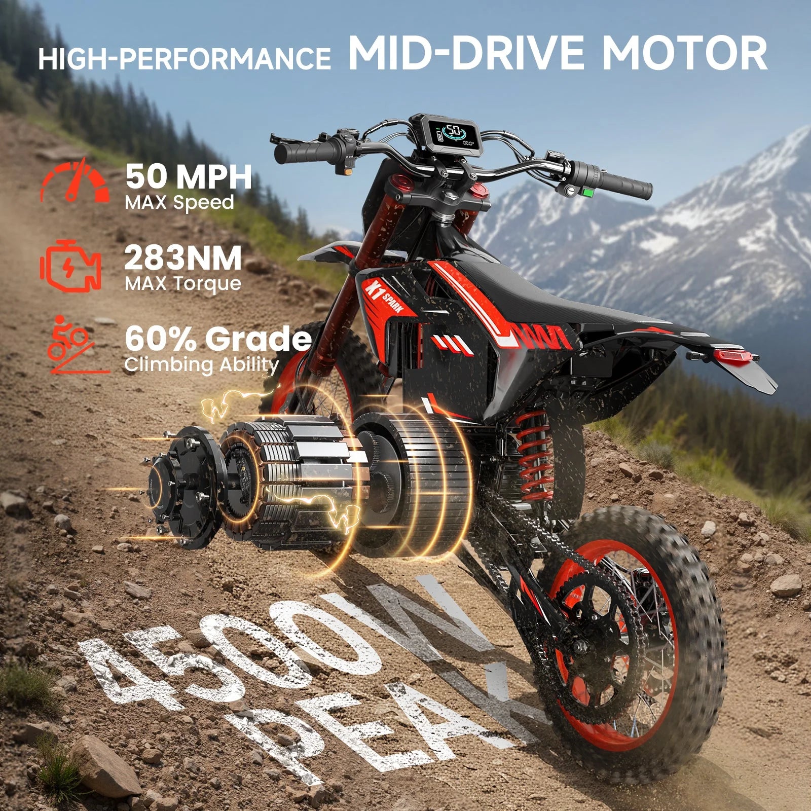 X1 Spark Electric Dirt Bike, 4500W Peak up to 60 Miles, 50MPH, 60V 28.8Ah Battery E-Bike, 14″/12″ Fat Tire Electric Motorcycle for Mountain off-Road Adults, E-Mountain Bike, Comply with UL2849 by SGS