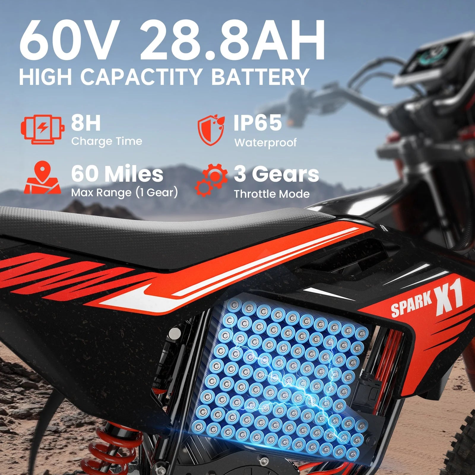 X1 Spark Electric Dirt Bike, 4500W Peak up to 60 Miles, 50MPH, 60V 28.8Ah Battery E-Bike, 14″/12″ Fat Tire Electric Motorcycle for Mountain off-Road Adults, E-Mountain Bike, Comply with UL2849 by SGS