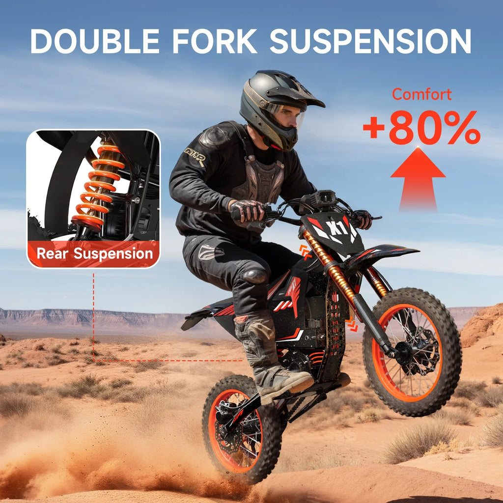 X1 Spark Electric Dirt Bike, 4500W Peak up to 60 Miles, 50MPH, 60V 28.8Ah Battery E-Bike, 14″/12″ Fat Tire Electric Motorcycle for Mountain off-Road Adults, E-Mountain Bike, Comply with UL2849 by SGS