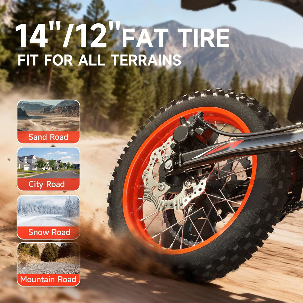X1 Spark Electric Dirt Bike, 4500W Peak up to 60 Miles, 50MPH, 60V 28.8Ah Battery E-Bike, 14″/12″ Fat Tire Electric Motorcycle for Mountain off-Road Adults, E-Mountain Bike, Comply with UL2849 by SGS