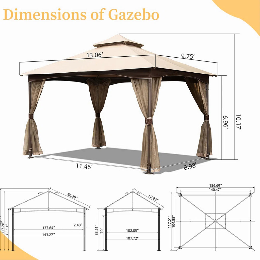 10’X13′ Patio Gazebo – Metal, Net, Waterproof, Stable, Khaki With Net Metal Frame, Double Roof, Resistance, Waterproof Canopy