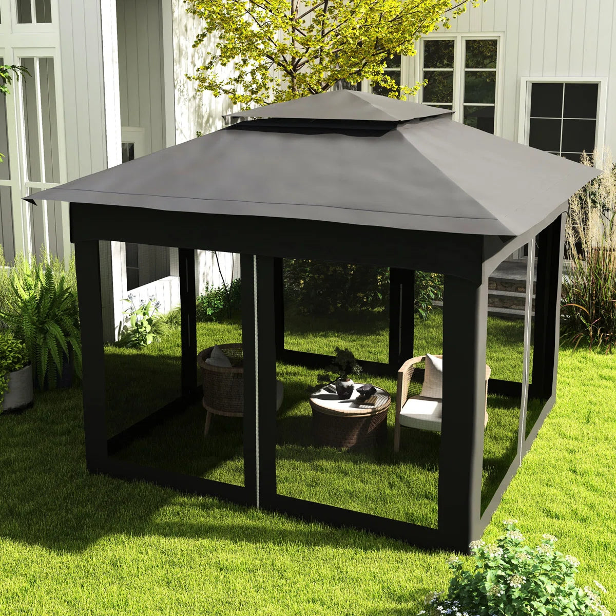 Arlmont & Co 11′ X Pop Up Canopy Gazebo, Outdoor Patio Shelter With Detachable Zipper Net. Instant Tent For Backyard And Garden. Dark Gray. 114 Sq Ft Shade
