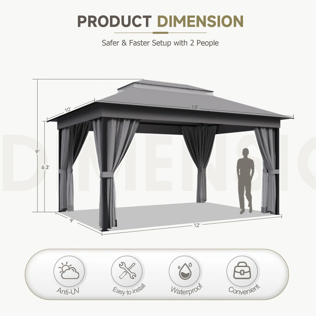 Furmax 13 Ft. W x 10 Ft. D Soft Top Steel Patio Gazebo with 2-Tier Canopy and Zippered Mesh Netting for Outdoor, Patio, Garden, and Backyard Activities