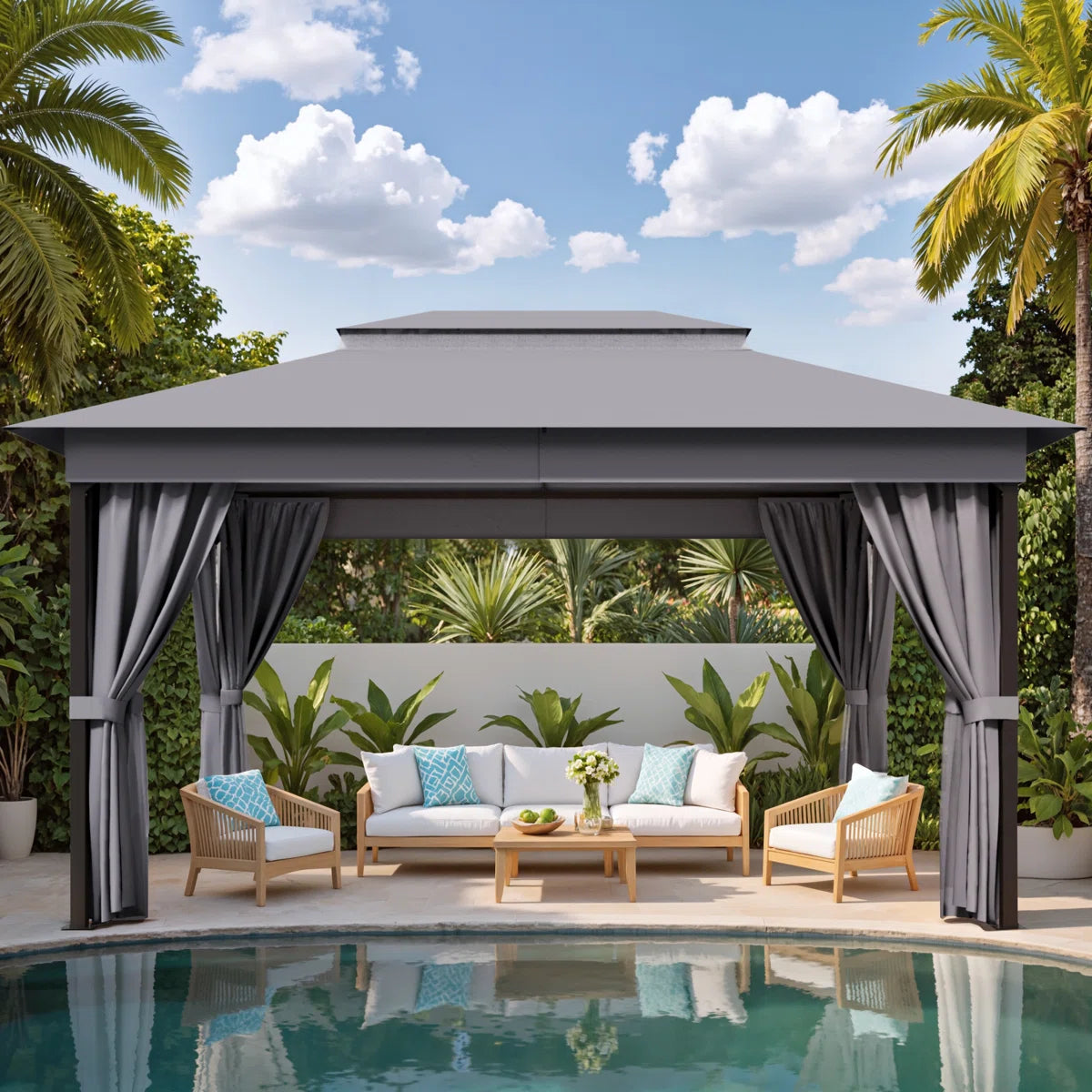 Furmax 13 Ft. W x 10 Ft. D Soft Top Steel Patio Gazebo with 2-Tier Canopy and Zippered Mesh Netting for Outdoor, Patio, Garden, and Backyard Activities