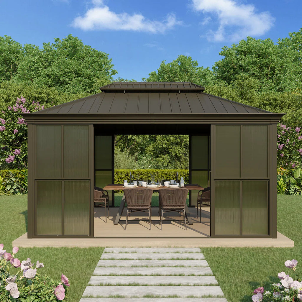 EROMMY 14 Ft. W X 12 Ft. D Outdoor Hardtop Gazebo, Double Top Galvanized Steel Roof Aluminum Sunroom