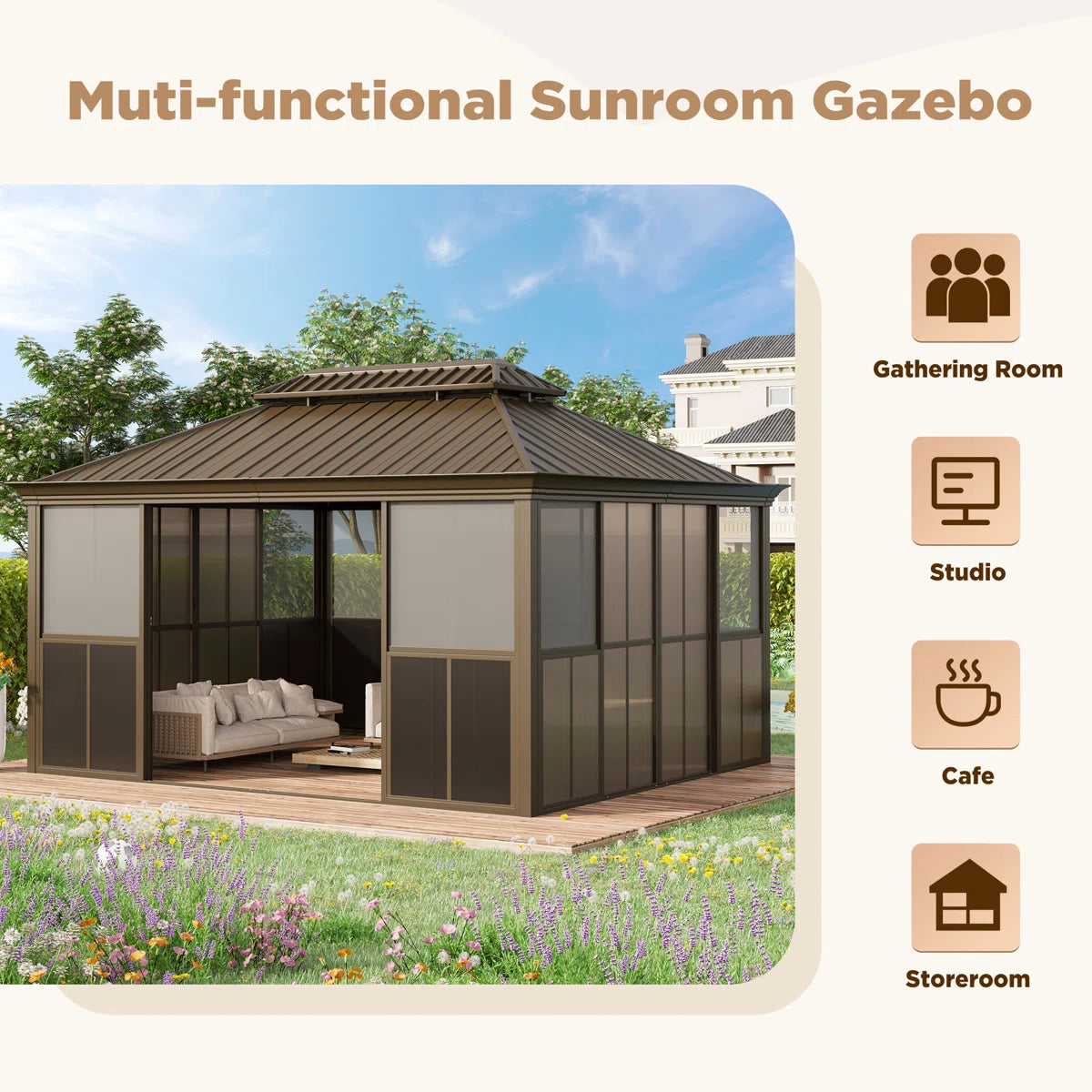 EROMMY 14 Ft. W X 12 Ft. D Outdoor Hardtop Gazebo, Double Top Galvanized Steel Roof Aluminum Sunroom