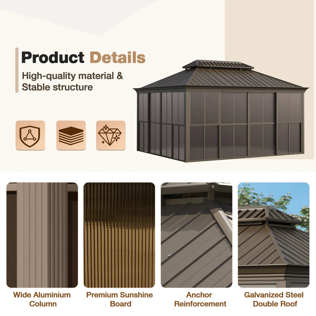 EROMMY 14 Ft. W X 12 Ft. D Outdoor Hardtop Gazebo, Double Top Galvanized Steel Roof Aluminum Sunroom