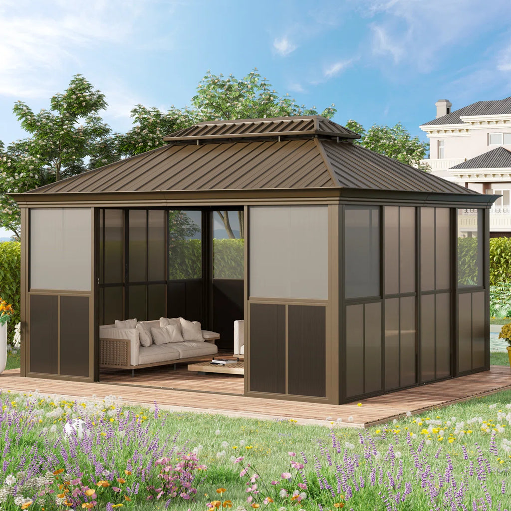 EROMMY 14 Ft. W X 12 Ft. D Outdoor Hardtop Gazebo, Double Top Galvanized Steel Roof Aluminum Sunroom
