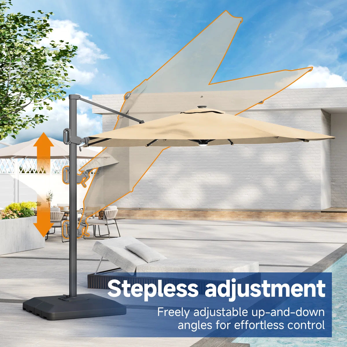 Latitude Run® 11′ Patio Cantilever Umbrella with Wind-Vent, 240g Solution-Dyed Fabric, Solar LED Lights and Weighted Base Included