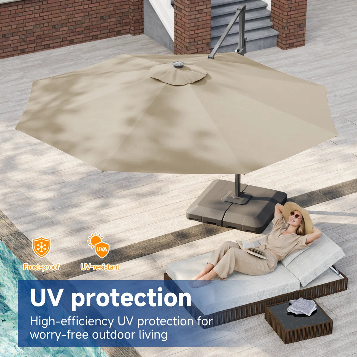 Latitude Run® 11′ Patio Cantilever Umbrella with Wind-Vent, 240g Solution-Dyed Fabric, Solar LED Lights and Weighted Base Included