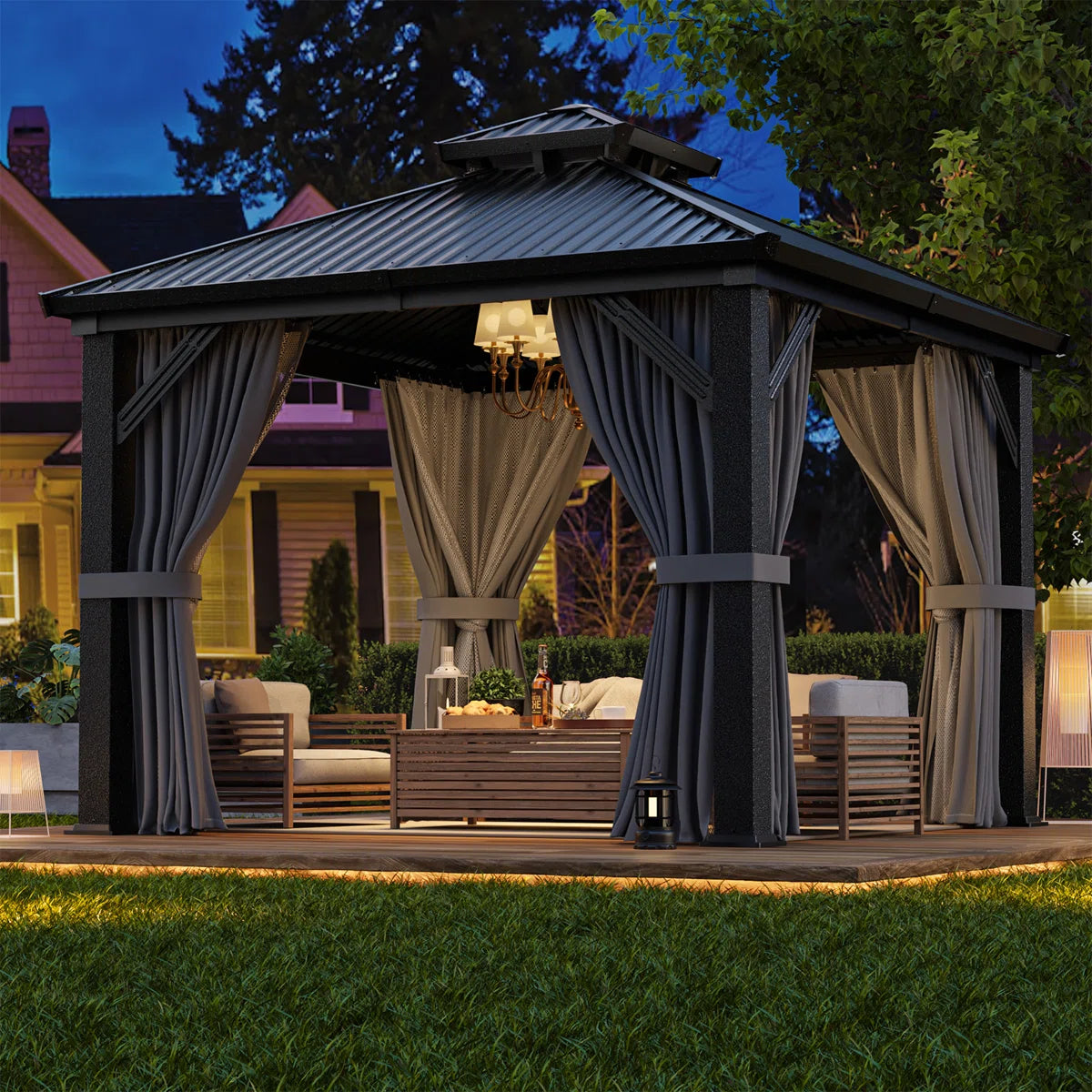 Polar Aurora 10 x 10 ft. Heavy-Duty Aluminum Frame Outdoor Gazebo with Double-Layer Galvanized Steel Roof, All-Weather Metal Gazebo Includes Curtains, Mesh Netting and Anchor Kit for Patio & Backyard