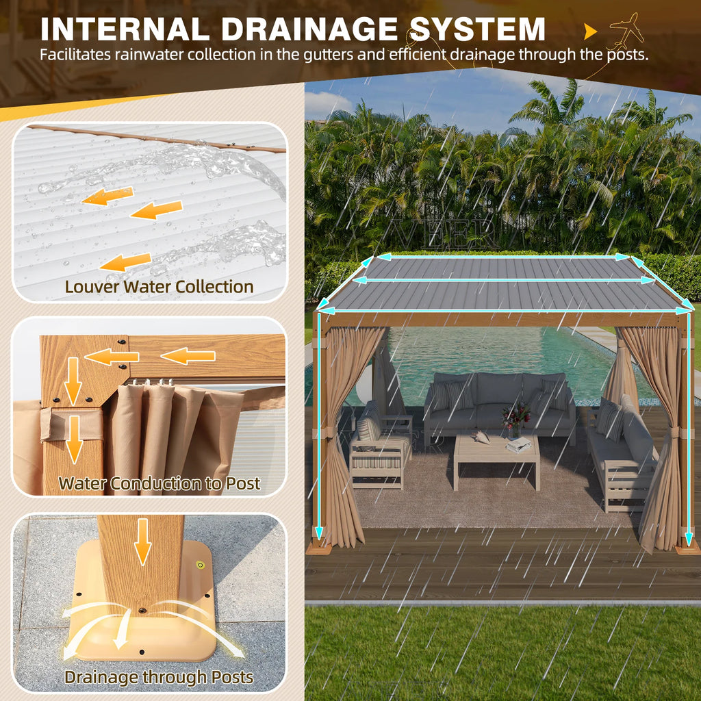 EROMMY 10X12 Pergola with Adjustable Louvered Roof – Wood Grain