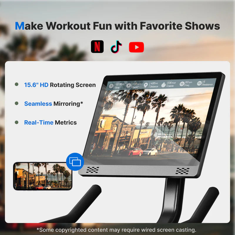 Merach S26 Aura Indoor Exercise Bike with 15.6″ Full HD Rotating Touchscreen, Phone Mirroring, 8 Resistance Levels, 8-Way Adjustable Seat