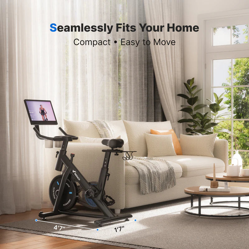 Merach S26 Aura Indoor Exercise Bike with 15.6″ Full HD Rotating Touchscreen, Phone Mirroring, 8 Resistance Levels, 8-Way Adjustable Seat