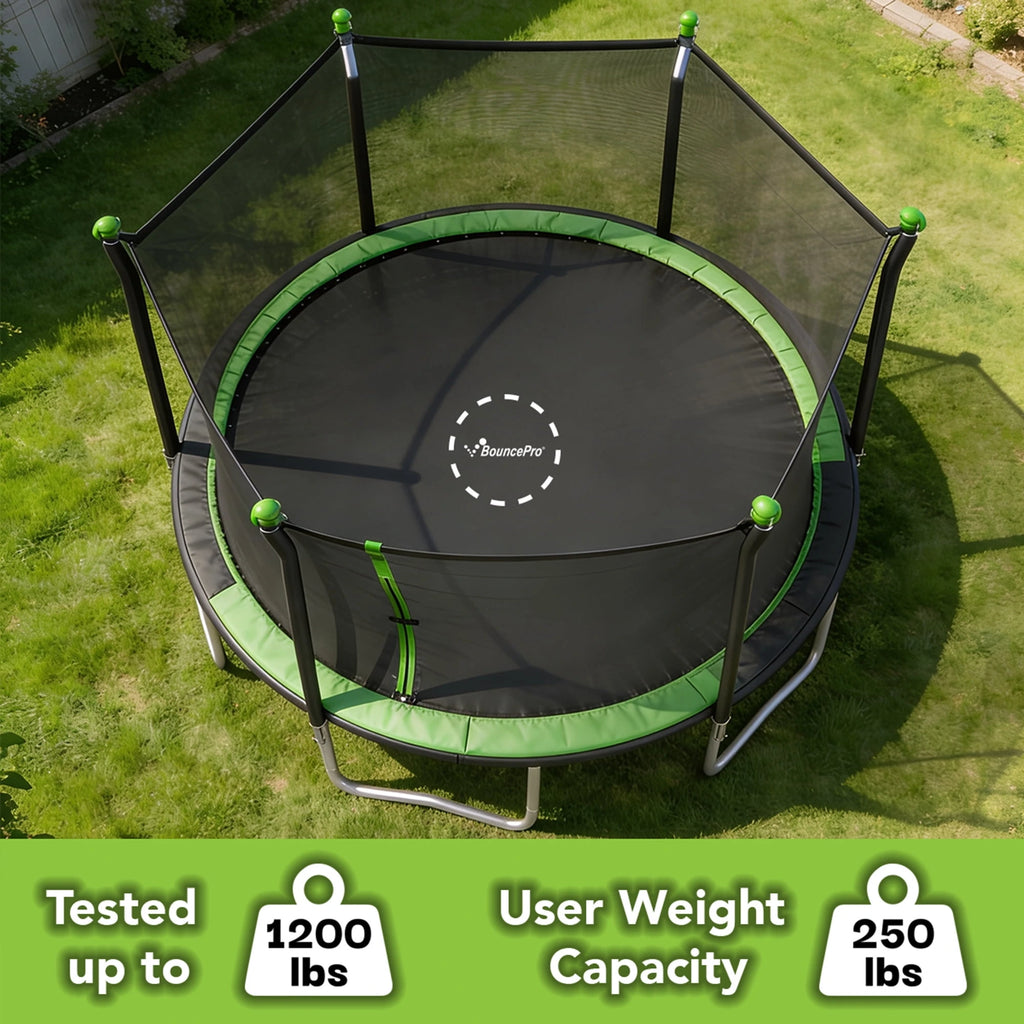 Sportspower BouncePro 14ft Trampoline Meets ASTM Safety Standards, Heavy-Duty Rust-Resistant Steel Frame, UV-Resistant Jump Mat & Safety Net