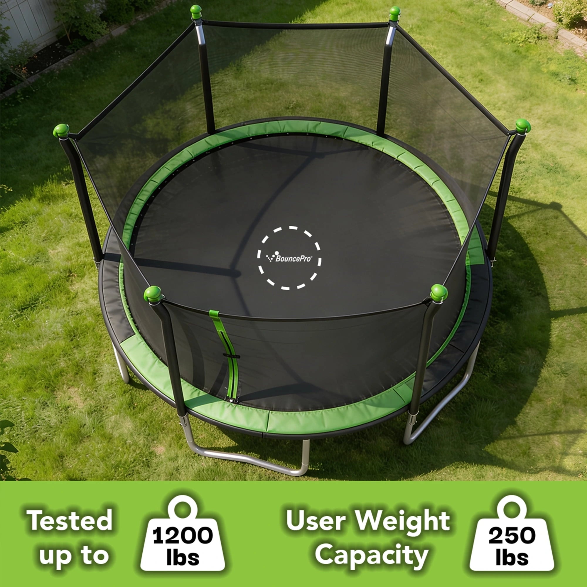 Sportspower BouncePro 14ft Trampoline Meets ASTM Safety Standards, Heavy-Duty Rust-Resistant Steel Frame, UV-Resistant Jump Mat & Safety Net