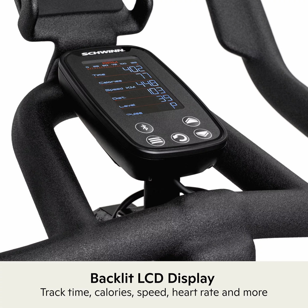 Schwinn IC4 Indoor Cycling Bike with 100 Resistance Levels, Bluetooth Heart Rate Armband, Dual-Sided SPD Pedals, Compatible with Peloton App, Zwift and JRNY, Backlit LCD Console, 4-Way Adjustable Handlebars, Includes 3 lb Dumbbells