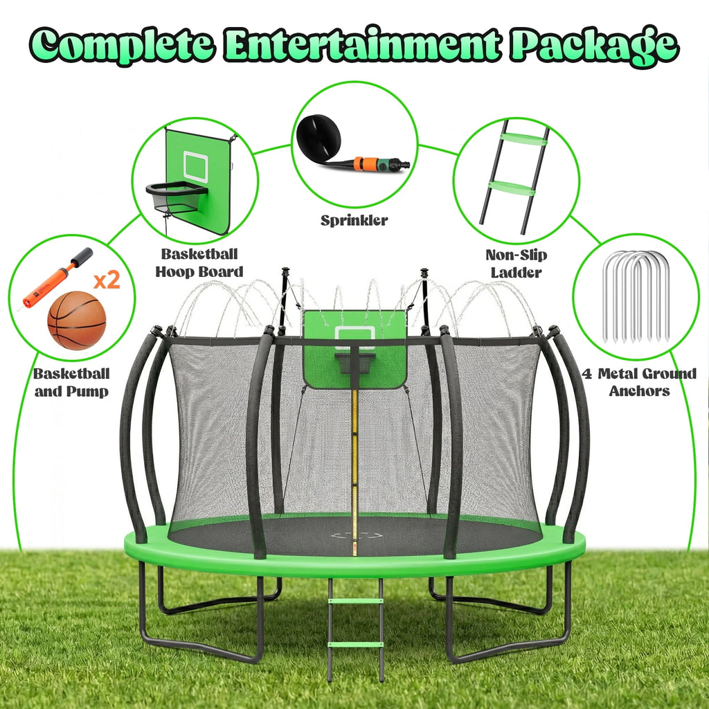 Outdoor Trampoline,Fashionsport Outfitters 8FT/12FT/14FT/16FT Round Jumping Trampoline with Ladder,Sprinkler,Basketball Hoop Board,Recreational Backyard Trampolines Anti-Rust for Kids Gift