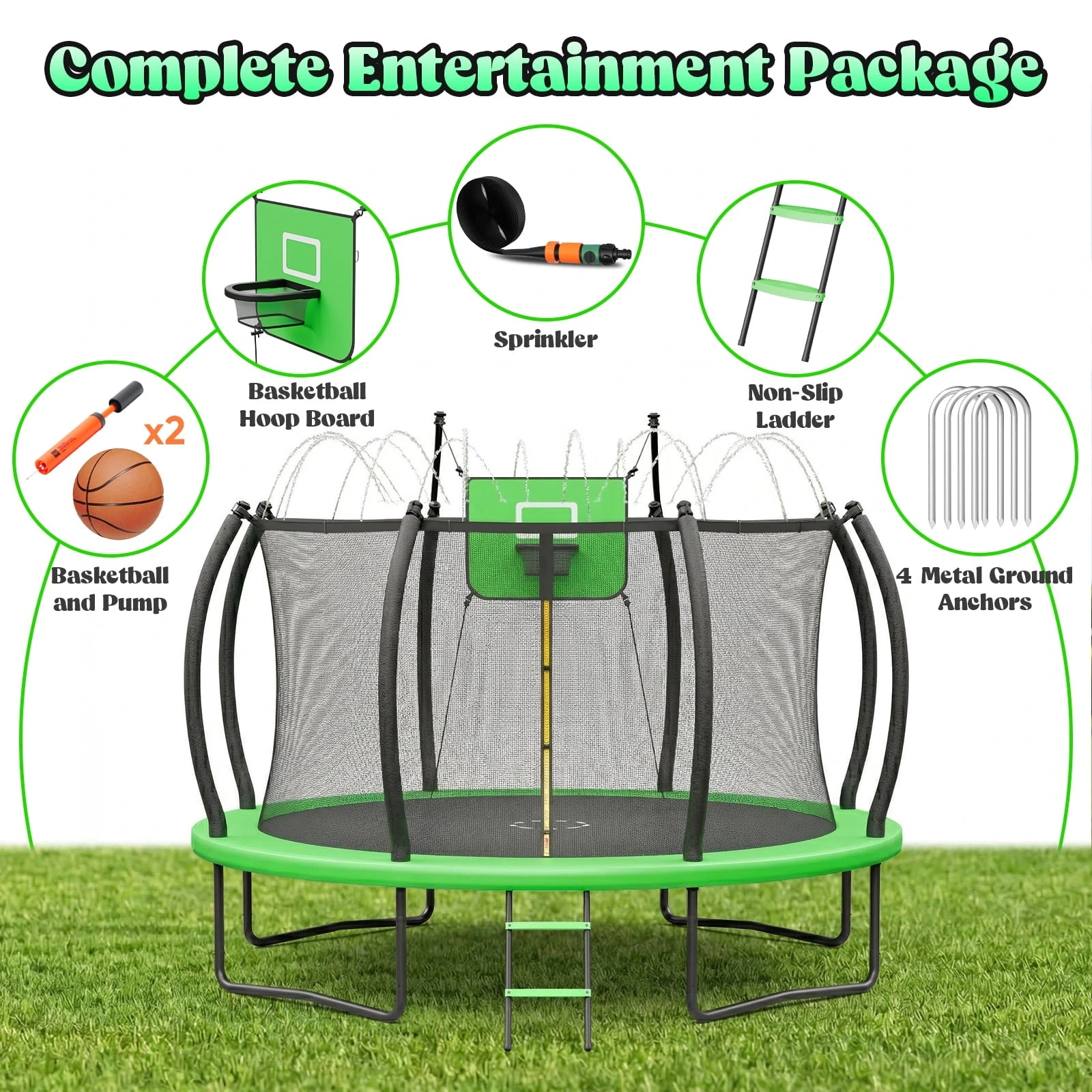 Outdoor Trampoline,Fashionsport Outfitters 8FT/12FT/14FT/16FT Round Jumping Trampoline with Ladder,Sprinkler,Basketball Hoop Board,Recreational Backyard Trampolines Anti-Rust for Kids Gift