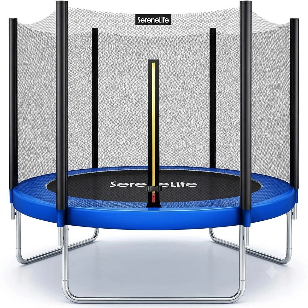 SereneLife 8FT 10FT 12FT 14FT Outdoor Trampoline for Kids – Recreational Backyard Trampoline with Curved Safety Poles and Net Enclosure- ASTM Approval for Kids Adults