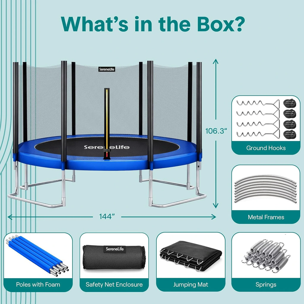 SereneLife 8FT 10FT 12FT 14FT Outdoor Trampoline for Kids – Recreational Backyard Trampoline with Curved Safety Poles and Net Enclosure- ASTM Approval for Kids Adults