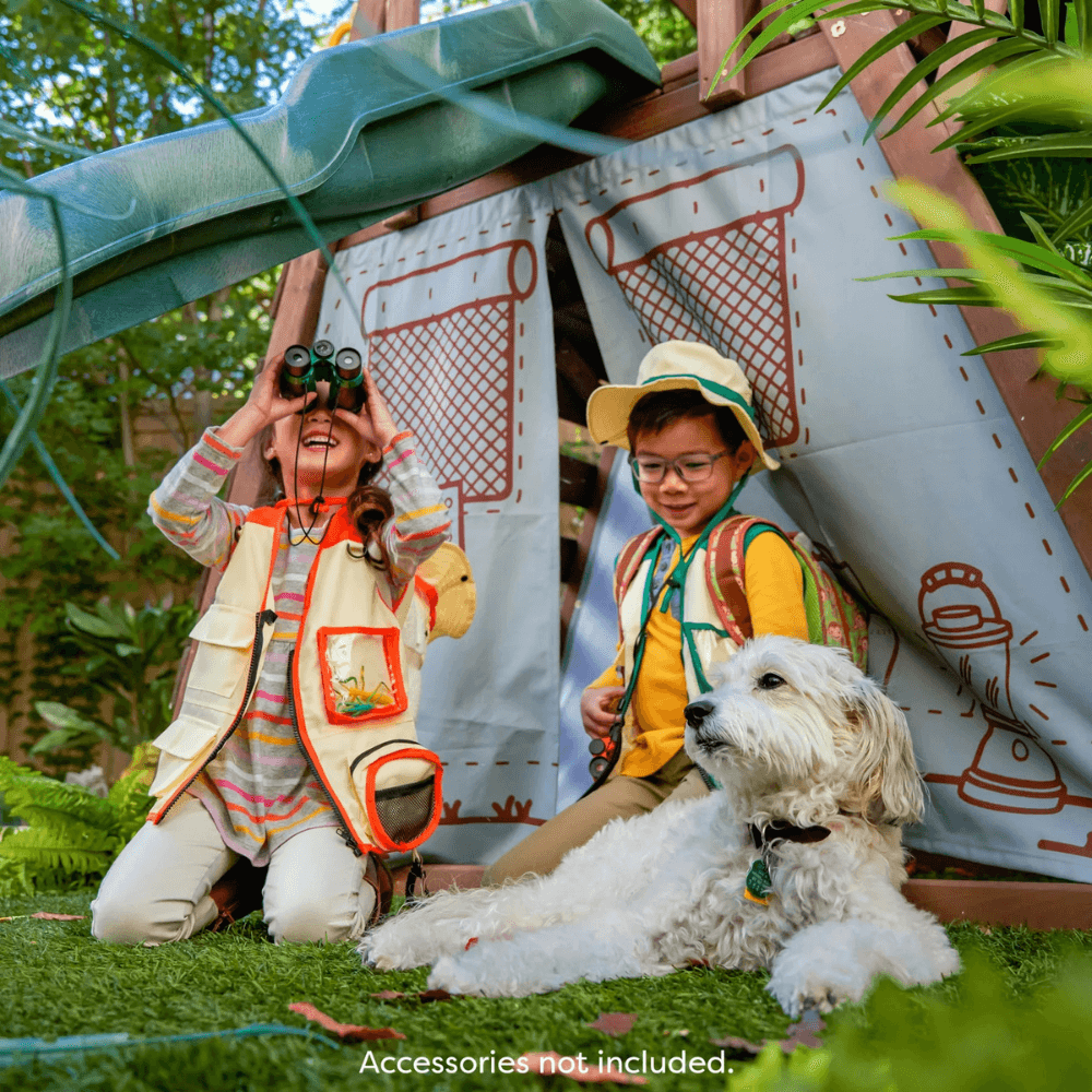 Ranger Retreat Wooden Swing Set/Playset with Tent, Tube Slide and 3-Swings