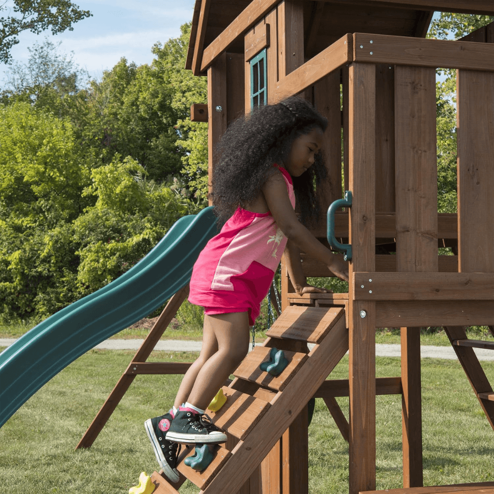 Knightsbridge Plus Complete Wooden Outdoor Playset with Monkey Bars, Slide, Rock Wall and Swing Set Accessories