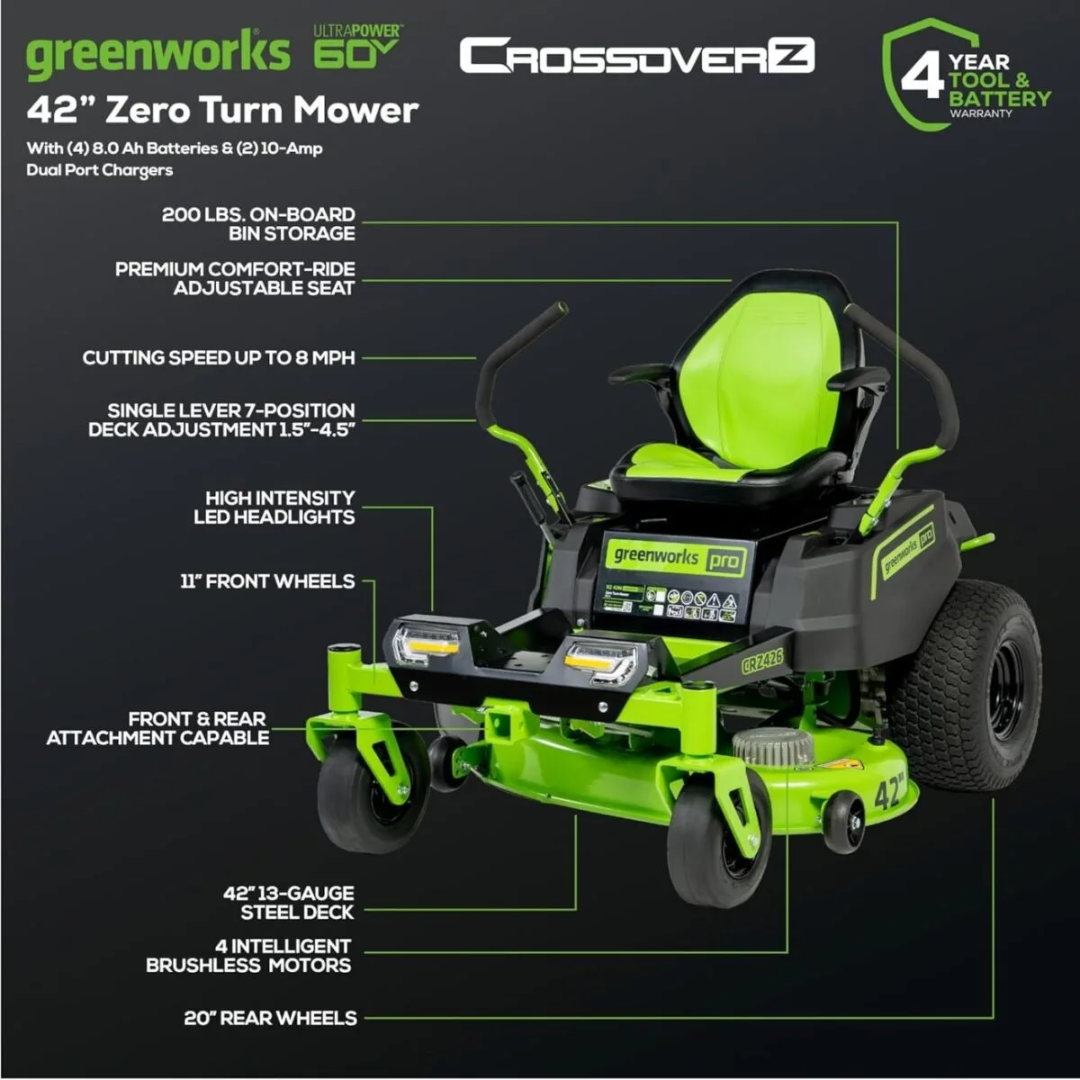 Greenworks Pro 60V CrossoverZ CRZ4261 42-Inch Cordless Electric Zero-Turn Riding Lawn Mower Kit