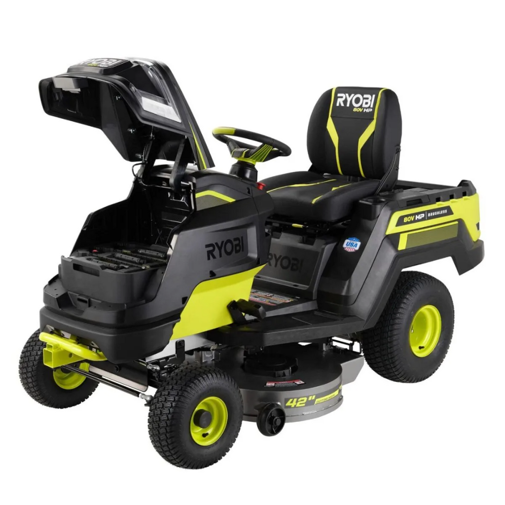 RYOBI 80V HP Brushless 42-Inch Electric Riding Lawn Tractor with 3 Batteries and Hyper Charger