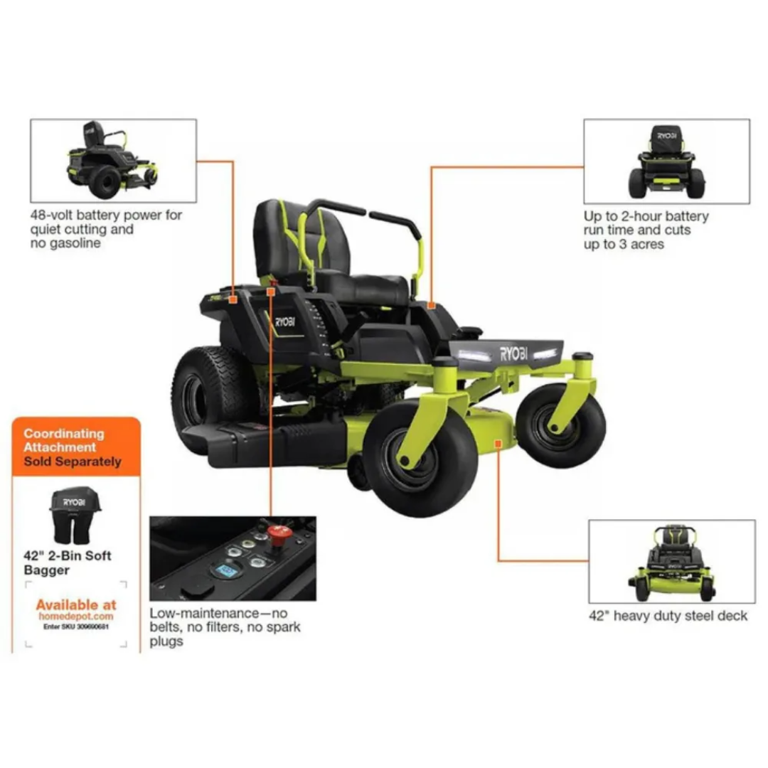RYOBI RY48ZTR100 42-Inch 48V 100Ah Battery Electric Zero Turn Riding Mower