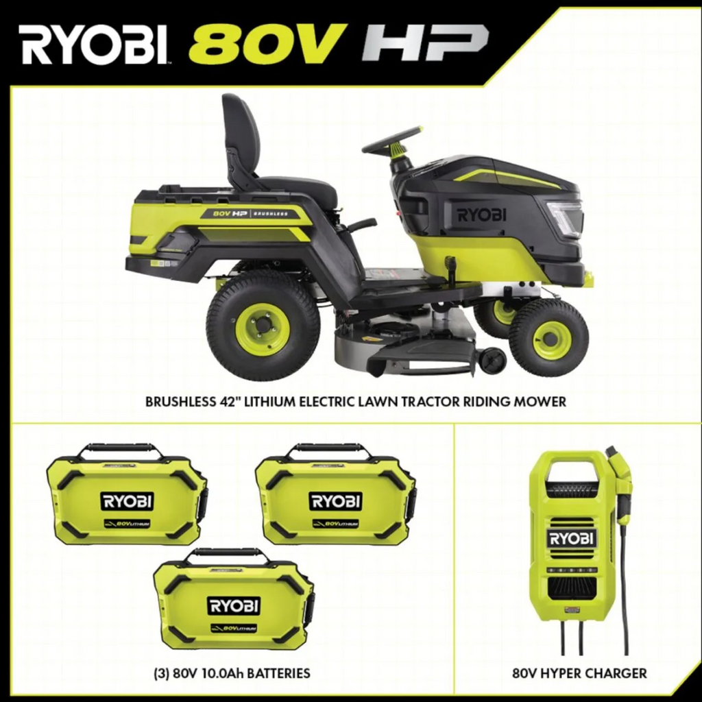 RYOBI 80V HP Brushless 42-Inch Electric Riding Lawn Tractor with 3 Batteries and Hyper Charger