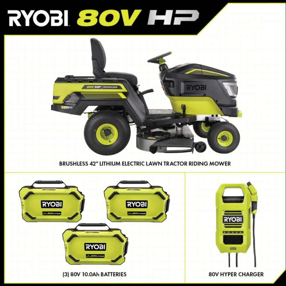 RYOBI 80V HP Brushless 42-Inch Electric Riding Lawn Tractor with 3 Batteries and Hyper Charger
