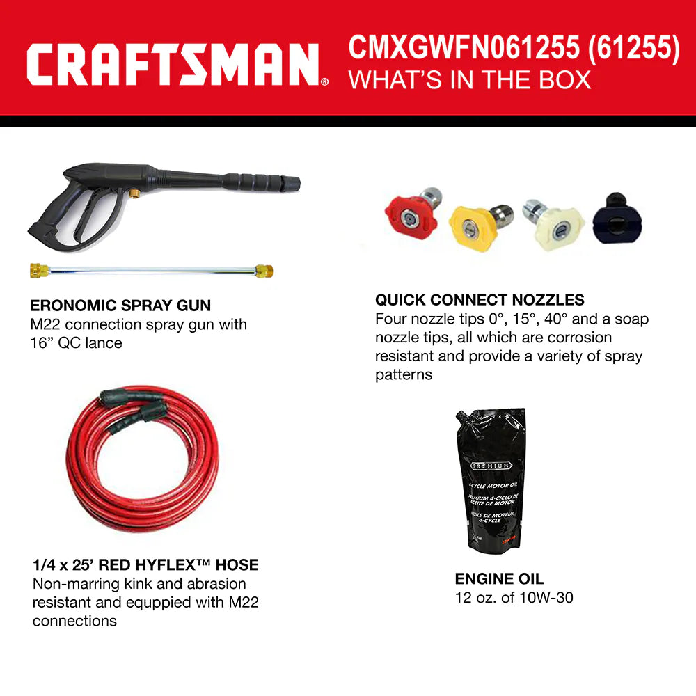CRAFTSMAN CMXGWFN061294 3100 PSI 2.4 GPM Cold-Water Gas Pressure Washer with 163cc Engine and 4 Spray Tips