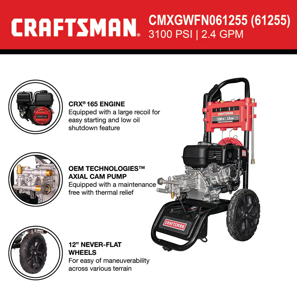 CRAFTSMAN CMXGWFN061294 3100 PSI 2.4 GPM Cold-Water Gas Pressure Washer with 163cc Engine and 4 Spray Tips