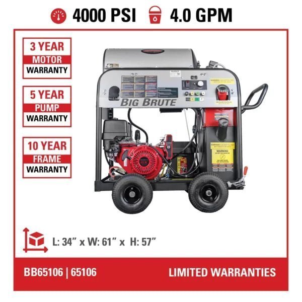 SIMPSON Big Brute BB65106 4000 PSI 4.0 GPM Professional Hot-Water Gas Pressure Washer with Honda GX390 Engine